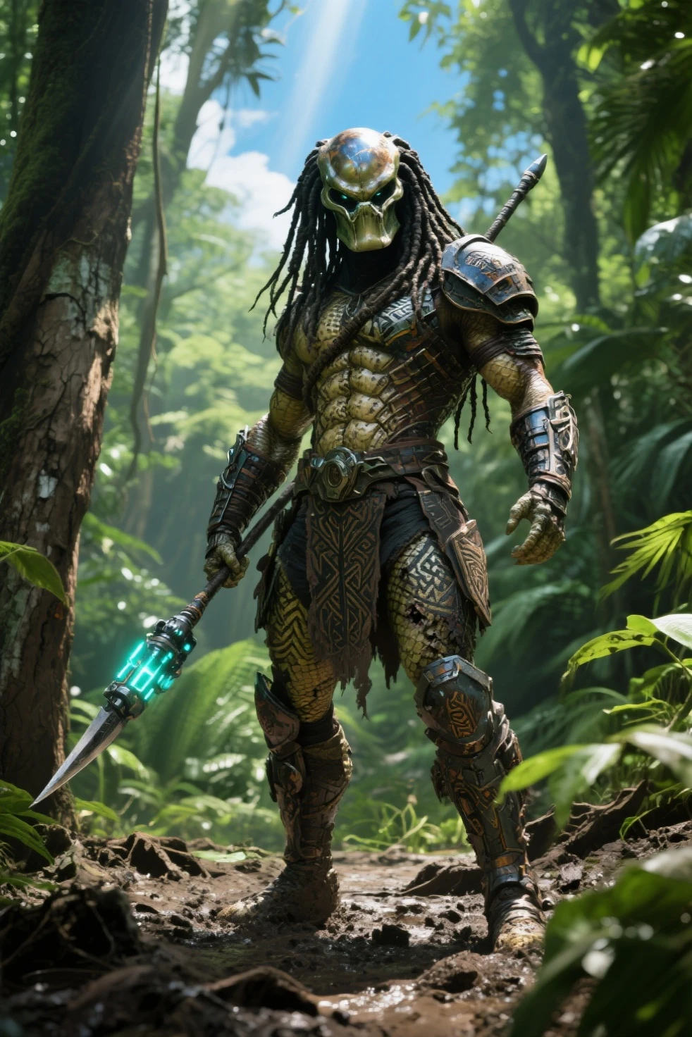 Yautja Predator with sharp teeth, perfect eyes, (perfect detail face and teeth: 1.1), (perfect body), (realistic skin: 1.1), standing on the roof, distant sunset, vertigo feeling, 8k, high resolution, DSLR, high quality, Fujifilm XT3, film grain, award-winning, head focus, depth of field