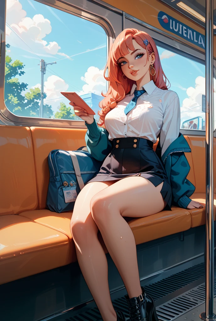 score_9, score_8_up, score_7_up, score_6_up, best quality, 1girl, large hips, small waist, bra, open leather jacket, knee high socks, sneaker, tartan skirt, sitting in a bus,red hair, holding a book