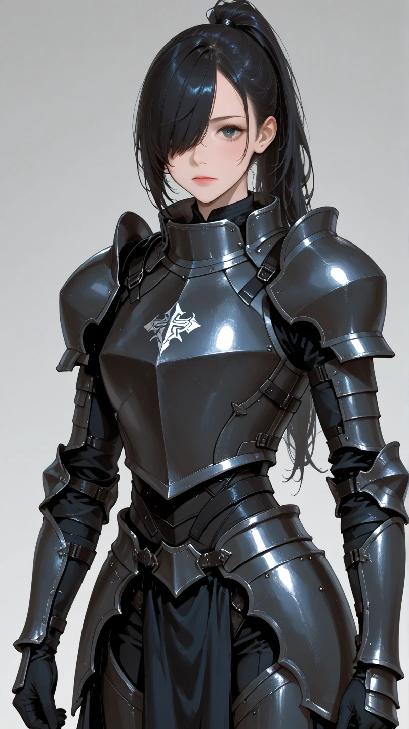 1girl, solo, long hair, black hair, skinny, Light leather armor, sword on his hip, tight clothes, red eyes, (simple background)