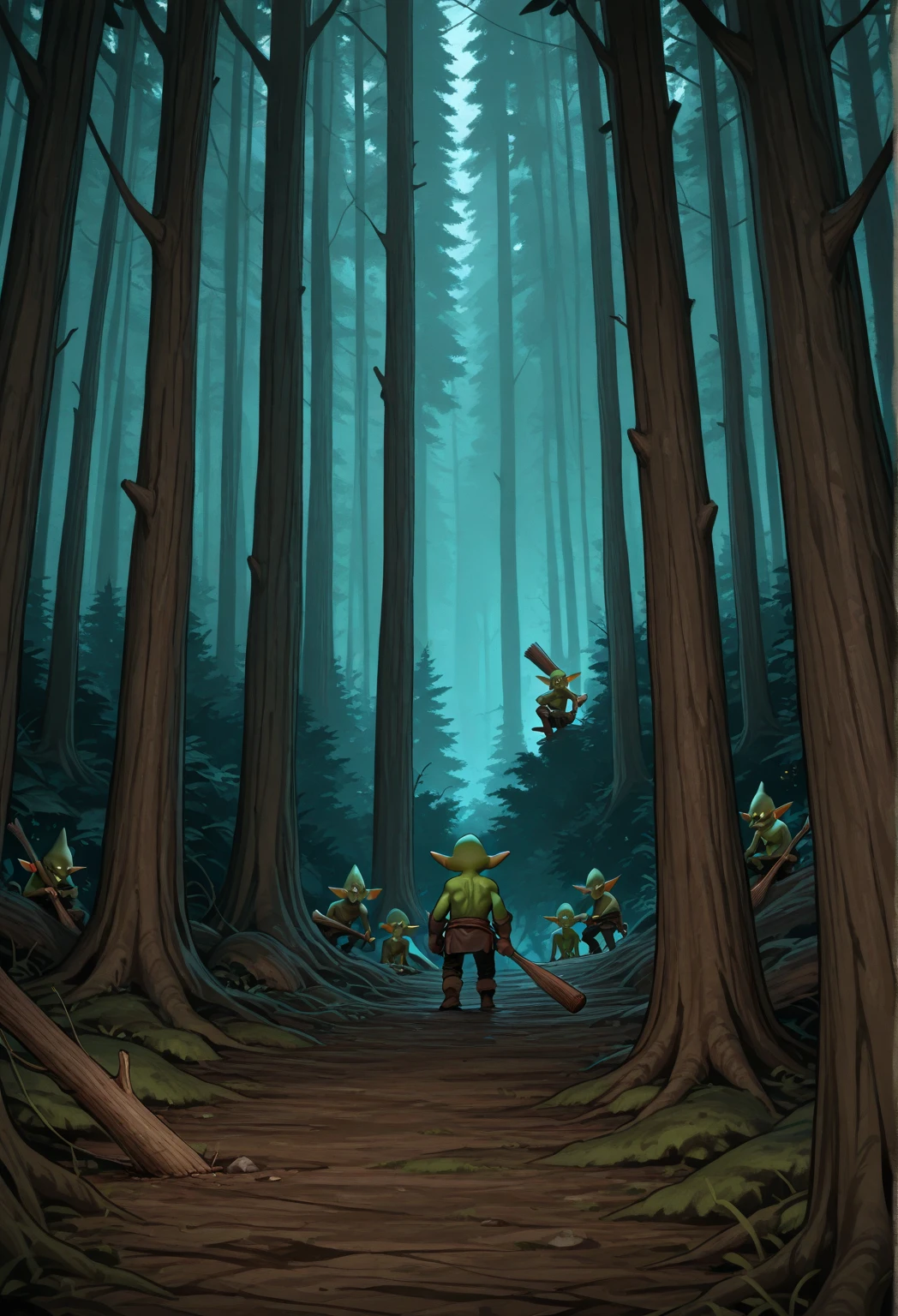 cartoon of a woman in a forest with a guitar, full color illustration, elf forest background, old humanoid ents, thorn background. d&d, rpg scene, fantasy rpg book illustration, goblins attacking, rpg illustration, epic full color illustration, high quality dnd illustration, color dnd illustration, orc on vines, goblin art, martial artist dryad close up of the ground
