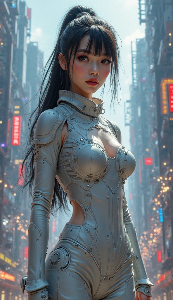 High quality, 8K, Photo quality, Incredible fantasy city, mega skyscrapers, flying cars, space elevator towers, Super Detail, trees, flowers, Many different buildings, spaceships in the sky, Ultra detail, many elements, blue and gold, yellow numbers on the towers, Character incredibly beautiful girl, posing in front of a flying car, full length, stands on the balcony, dressed in the uniform of a space fleet lieutenant, on the neck there is a purple bow of the hero of the empire with diamonds, leash around the neck, , submission, disturbance, fabulous car without wheels, car hanging above the ground, gravity engines instead of wheels, aggressive car shape, a lot of details, super car, expensive convertible., Incredibly beautiful face, very detailed face, Detailed eyes, detailed hair, Expensive earrings, lace covers breasts, nipple piercing, diamonds, Emeralds, Rubies, turquoise, correct anatomy, Thin body, Super Detail тела, many small details of the dress, Incredible fantasy city, mega skyscrapers, flying cars, space elevator towers, Super Detail, trees, flowers, Many different buildings, spaceships in the sky, Ultra detail, many elements, blue and gold, yellow numbers on buildings, straight and smooth lines, Street, evening, A lot of cars, sharp lines, contrast, City River, water fall, trees по берегу, fault in the earth&#39;s square, deep crevice, You can't see the ground, Very high, helicopter landing pads, interceptor hangars, lots of blue and yellow, bright colors, paint