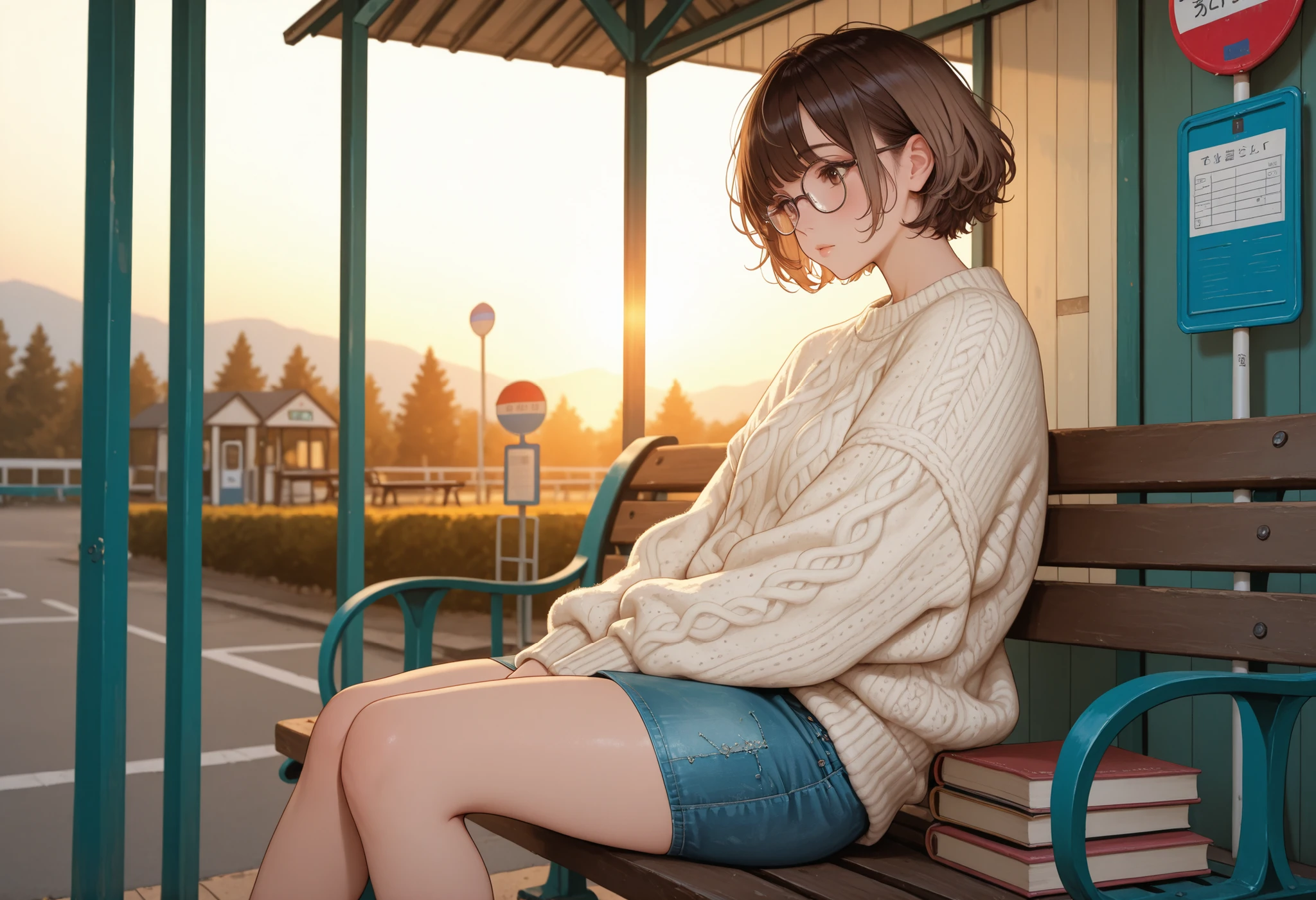 By a street, bench, bus stop sign, morning, a cute nerdy girl, wearing a big sweater, thick-rimmed glasses, messy brown short hair, denim skirt, highly detailed, masterpiece, vibrant colors, warm lighting, wool sweater with delicate stitching, natural hair strands, sitting outside on a bench with a tall stack of books, view from side looking down the street