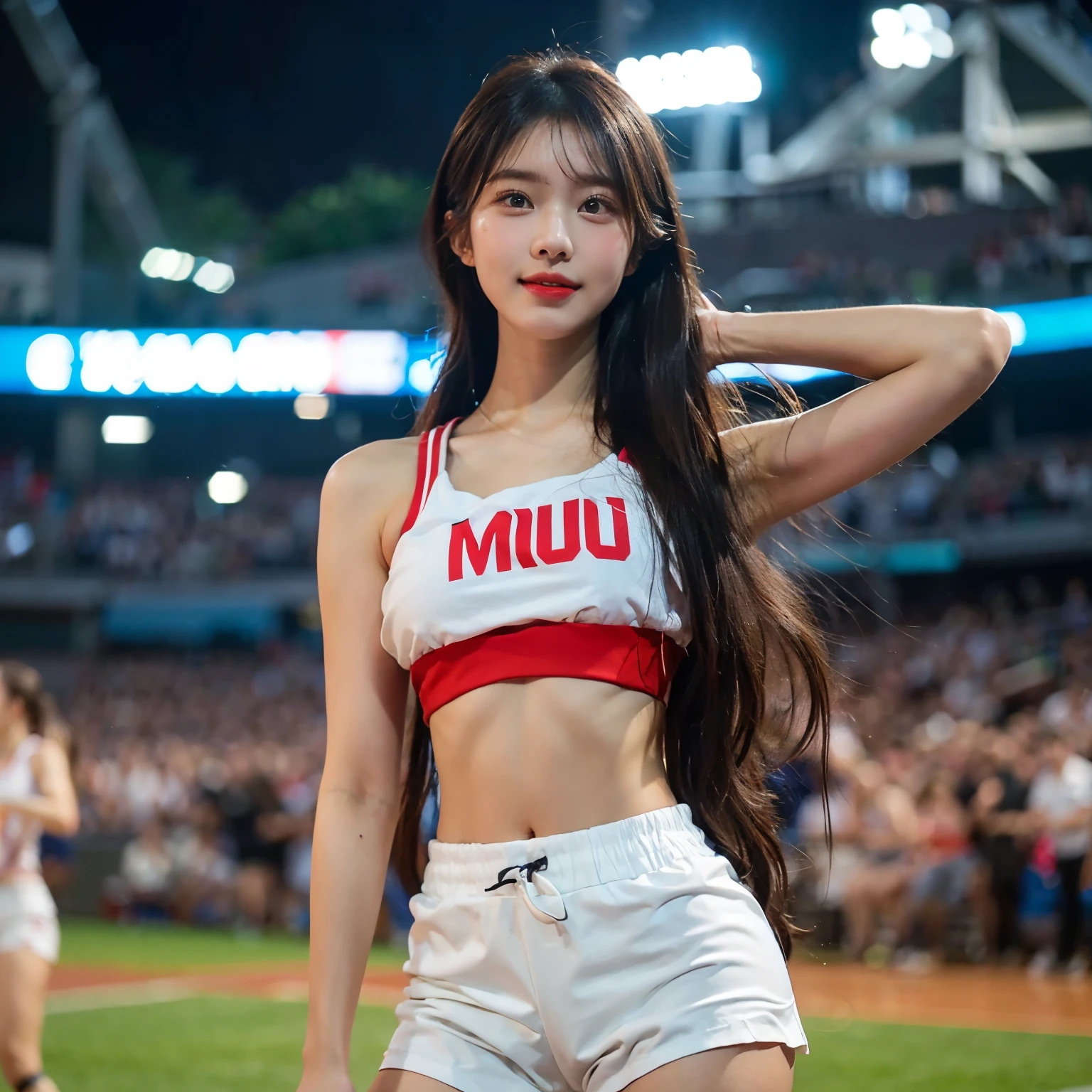 absurdres, RAW photo, extremely delicate and beautiful, masterpiece, Best Quality, ultra high resolution, 16k, hyperrealistic, ultra-detailed, perfect anatomy, Facing the front, super Detailed skin, perfect figure, Very detailed CG 8k wallpaper, in her 20s, very Slim body, narrow waist, very small head, very small face, delicate facial features, tearful mole, mole on chest, earring, thin legs, (very huge round breasts), midriff, (full body shot), 1girl in, light brown hair, long bob hair, ((basketball uniform)), ((wearing mouth mask)),