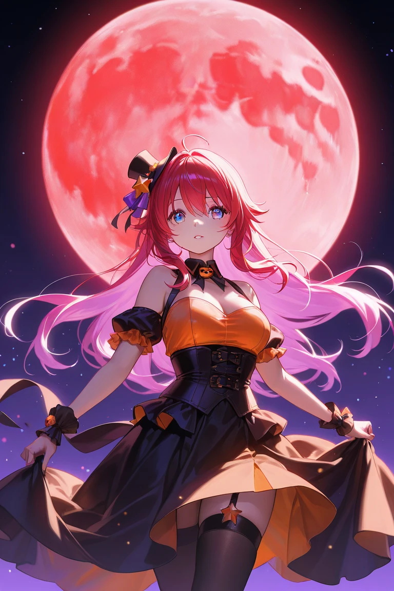 (Best quality at best,8K,A high resolution,tmasterpiece:1.2), Digital artwork, one girl,pink hair,Big breasts,long straight hair,horizontal yellow cresent moon mark under right eye,black eyes,red lip,Suspenders,detailed face,drinking beer