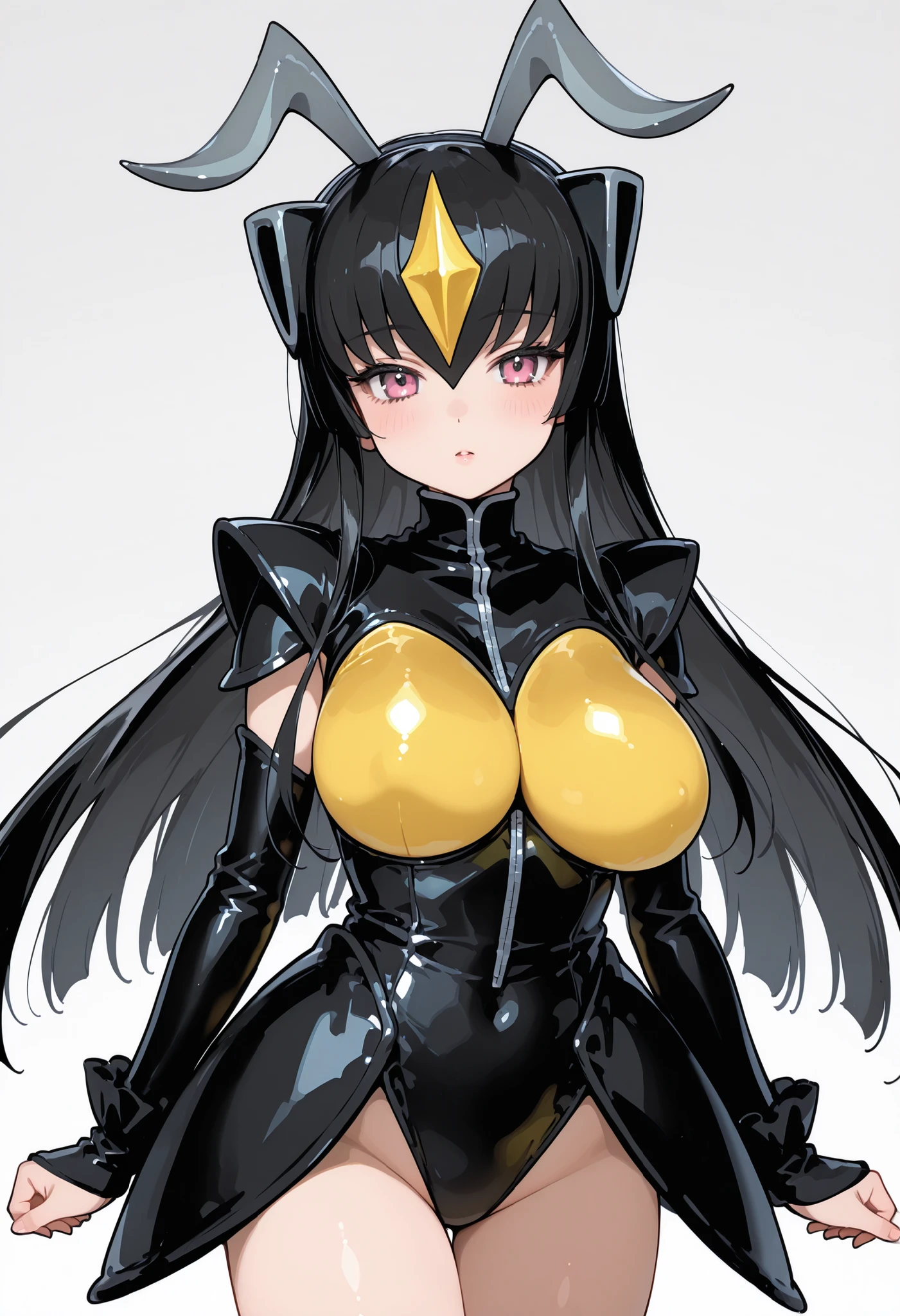 Zetton Kaiju Girl. Black hair. Long hair. Yellow crystal hair accessory. Grey antennae. Glossy. Black costume. Firm breasts. Yellow bust.