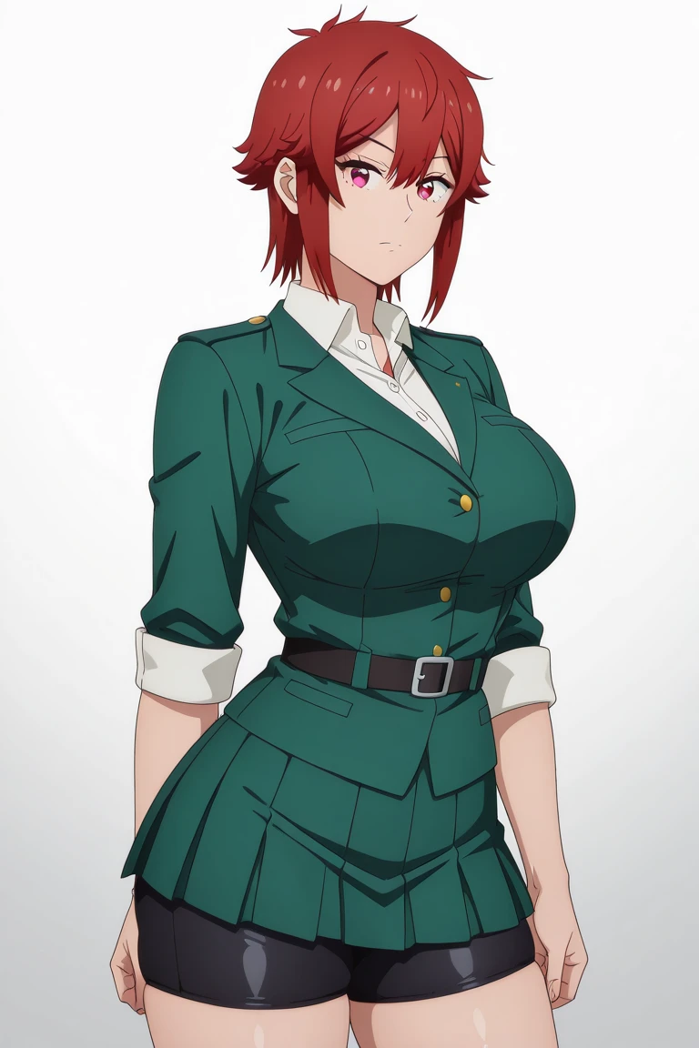 1girl,unparalleled masterpiece, mature female, ((thick thighs, huge chest, mature, adult))
aoi1, 1girl, solo, red hair, folded ponytail, blue eyes, skirt, necktie, white gloves, police uniform, belt, black pantyhose, jacket, armband <lora:sakuraiAoiRailWars_v10:0.6>