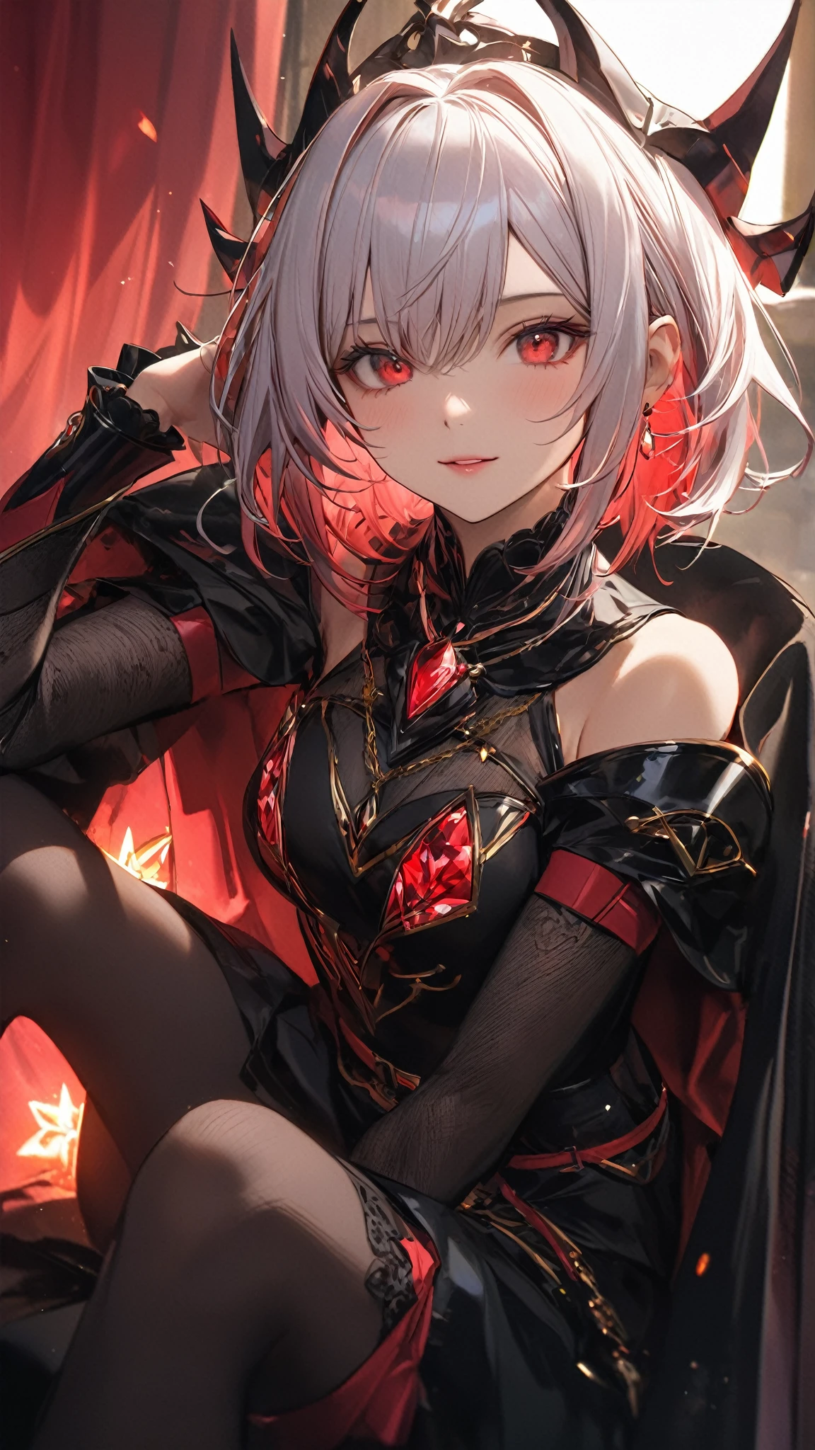 masterpiece, high quality, best quality, 1girl, mature female,<lora:edgEasternFantasy:0.7> edgEF, wearing edgEF eastern clothing, <lora:EmbeddedJewel:0.7> EmbeddedJewel, chest jewel, red gemstone, soul gem, (white shirt, black skirt, black gloves, black sleeves), <lora:add_detail:1>, upper body, cowboy shot,