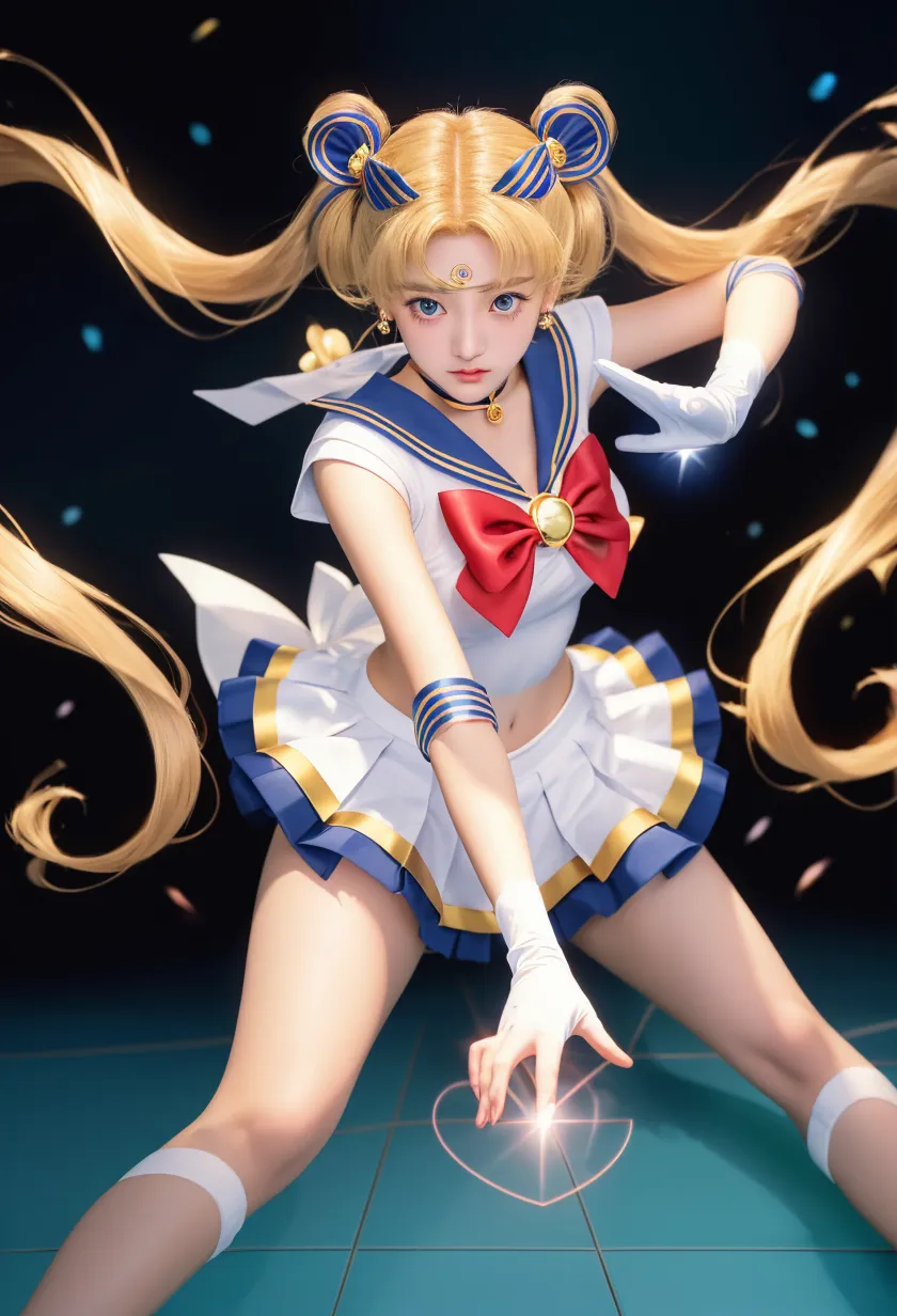 back shot, is, Masterpiece, The best quality, nothing, Manager 1, 1 girl, only, Uniforme Sailor Senshi, Sailor Moon, Usagi Tsukino, rubio, Magical Girl, blue eyes, white panties, red neckerchief, elbow gloves, tiara, blue skirt, pleated skirt, mini skirt, choker, white gloves, jewely, earrings, They are smiling, The background is space (excellent detail, Excellent lighting, wide angle), skirt lift, show panties, ((showing open legs)), no pants, from behind