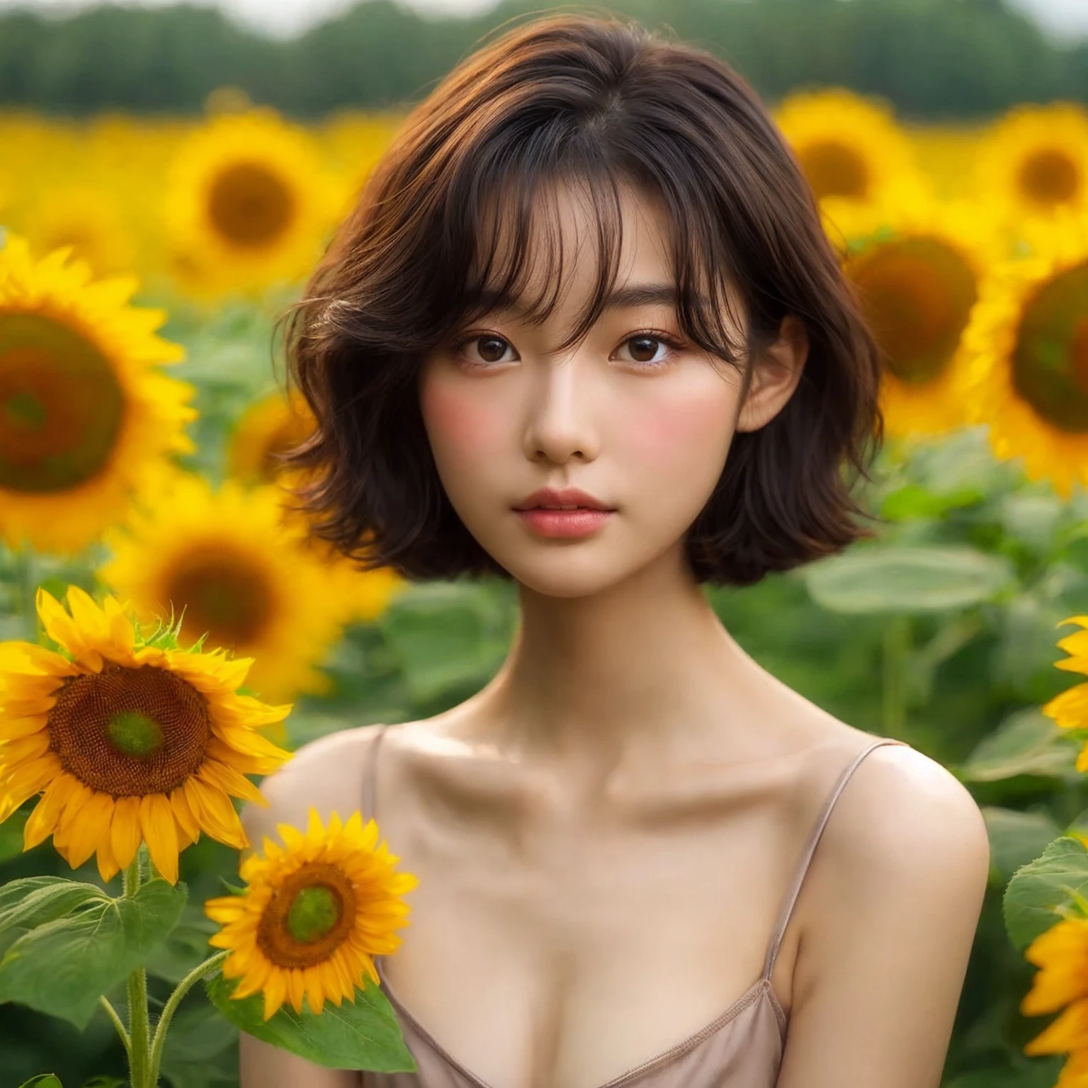 quality、tmasterpiece、超高分辨率、(真实感:1.4)、RAW photos、(authentic skin texture:1.3)、(Film Particle:1.Portraits of people in exotic scenes、super wide shot、big breasts thin waist、closeup cleavage、bokeh effect、water pipe、A smile、1 girl in、beautiful detailed eyes and face、with brown eye、Under the blue sky、eyes looking at viewer、B cup small、twilight rays、Sunset sky、sparkles in the background、street frontage、this kiss、Shy Laughter、short  cut、Short hair details、sunflower fields、Sunflower earrings、Sunflower flowers on background、cropped shoulders、