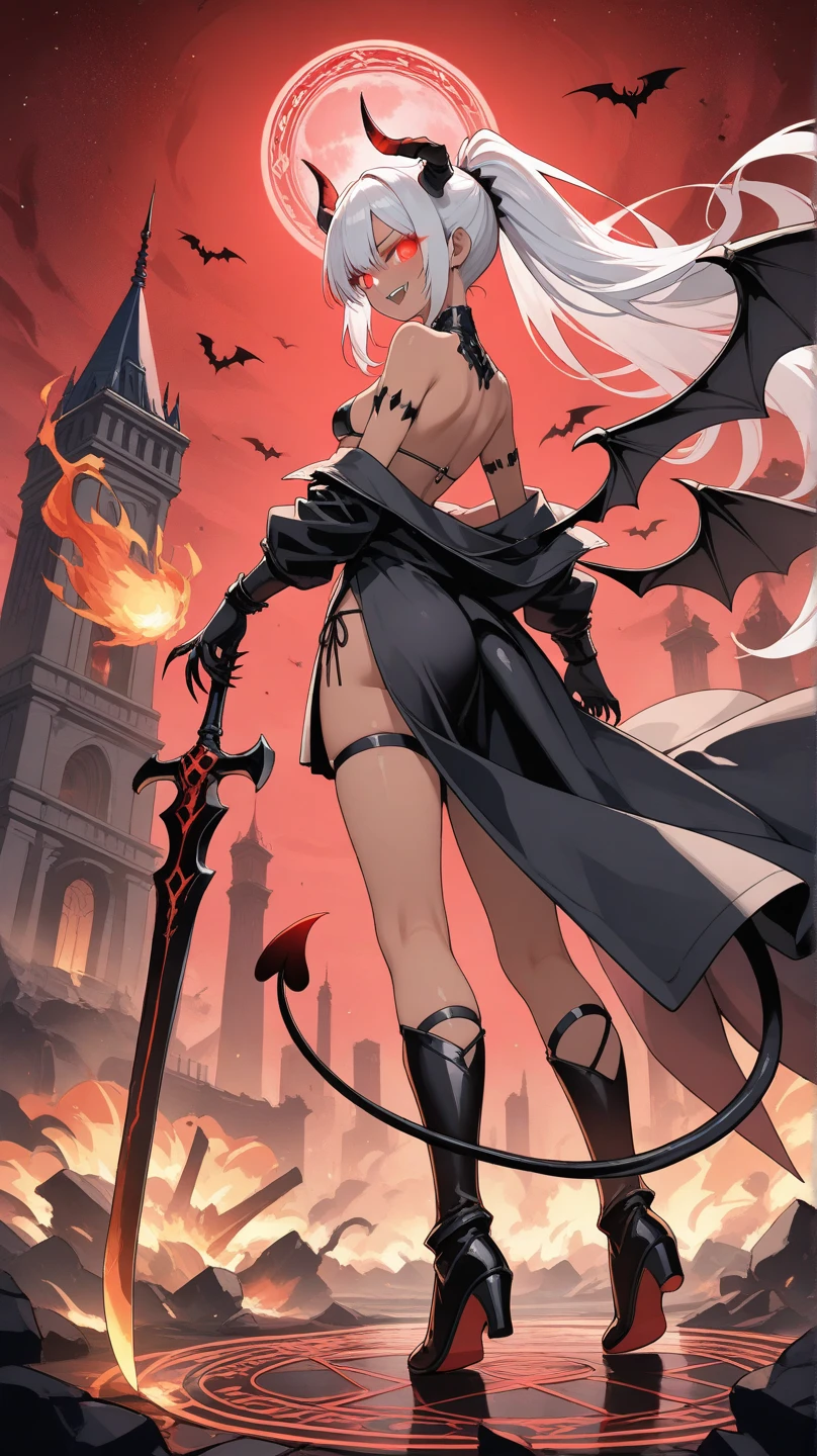 A woman wearing black heavy armor, black metal boots, black metal bracelet, long white hair, a red fringe, yellow eyes, horns, horns on the armor's shoulder pads, a large black fur cape, smiling, full body, standing standing on a platform of a large castle, at the bottom of the castle, holding a personalized red sword,Surrealism, drop shadow, atmospheric perspective, bloom, 8k, super detail, ccurate, best quality, UHD, anatomically correct, textured skin, high quality, highres, best quality ( solo woman)