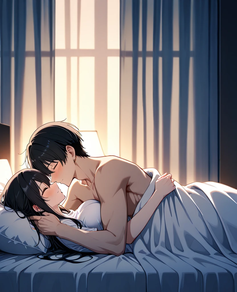Create a anime style landscape image. A young woman with black hair and brown eyes having "(nude sex)" on the bed with a young man with brown hair and "dark medium beard".