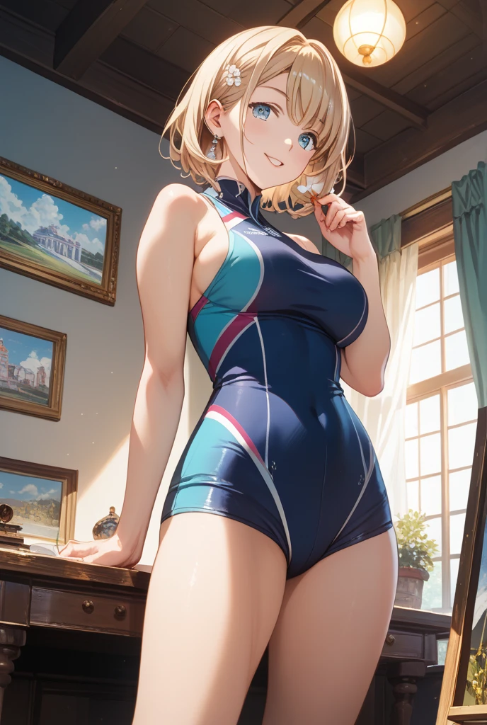 ((Masterpiece)), ((Best Quality)), (Detailed face:1.2), (Detailed eyes:1.2), (Detailed pupils:1.2), (Agile figure:1.2), (Back shot:1.3), Ultra High Resolution, HDR, absurderes, 8K, (1 girl), intricate details, ultra-detailed, dramatic lighting, solo, 1girl, 22 years old, short blonde hair, blue eyes, shiny purple leotard, she's a gymnast, gorgeous girl, gorgeous body, calm smile, stretching, arched back, dynamic pose, vivid colors, full body view, sharp focus, detailed illustration, detailed background, indoors, depth of field, adventurous, feminine, professional artwork
