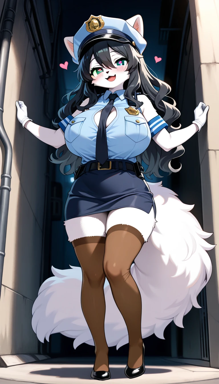 score_9,score_8,score_7,score_8_up,score_7_up、A woman in a very sexy outfit、1girl、Animal ears、boots、指なしgloves、chest、solo、gloves、Thighs、hat、Black Hair、leotard、police、tie、Long Hair、policeの制服、黒いgloves