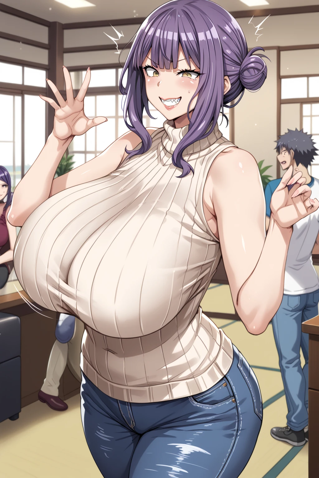 2heads, a thin woman with 2 heads. She has enormous breasts. Her breasts are very round and firm. She is wearing only a sports bra and shorts. She is happy. She looks playful. Her breasts are massive.