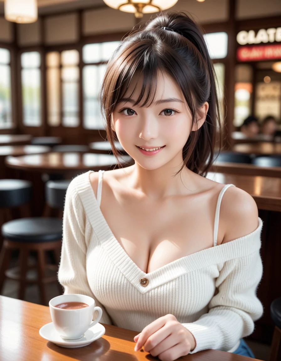 ,(In 8K, Realistic:1.25) ,( Small lip luster, eyelash, Gloss Face, Glowing Skin, highest quality, 超A high resolution, Depth of written boundary, Color Difference, Caustics, Wide Light, Natural Shadows, ) ,thin,Brown long hair、Blunt bangs, Hair behind the ear, Hair that falls over the shoulders, Long Hair,Cleavage,Large Breasts、Beautiful feet、Realistically、White off-the-shoulder clothing、Belly button、Navel、Beautiful curves、Shorts、jeans、Cute smile、Toothy smile、(((Sit on the terrace of a café、On the table is a cafe latte and an open book)))