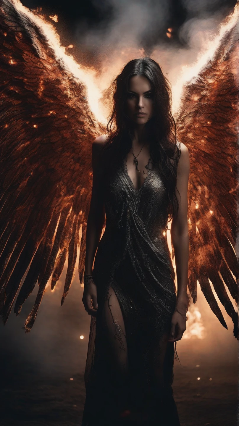 1 fallen angel woman, beautiful detailed eyes, beautiful detailed lips, extremely detailed face and skin, detailed angel wings, walking through a dark, fiery landscape inspired by Dante's Inferno, carrying an ancient leather-bound book, demonic creatures lurking in the flames, chiaroscuro lighting, cinematic composition, dark and moody, highly detailed pencil drawing