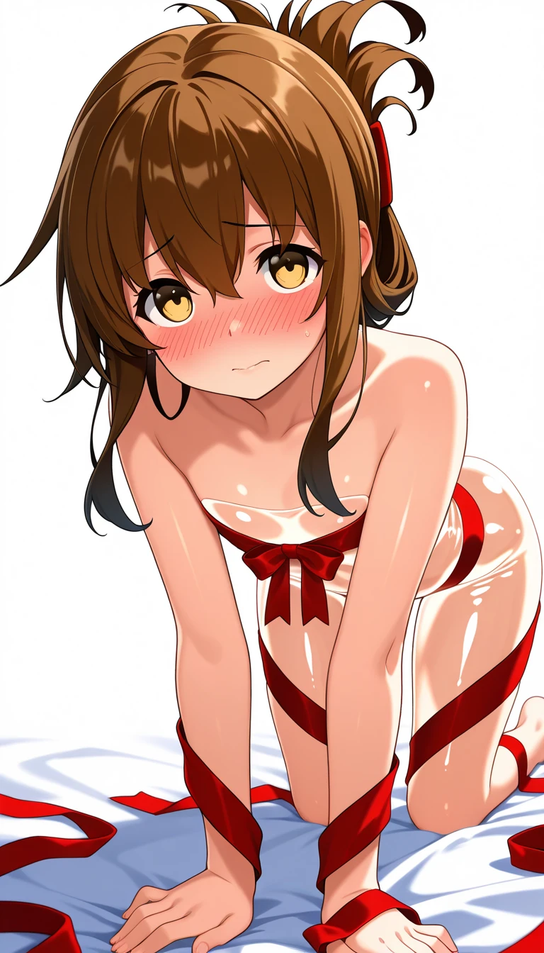 Girl with brown hair, short pigtails, bangs, red wool hat, brown eyes, nude, big 
