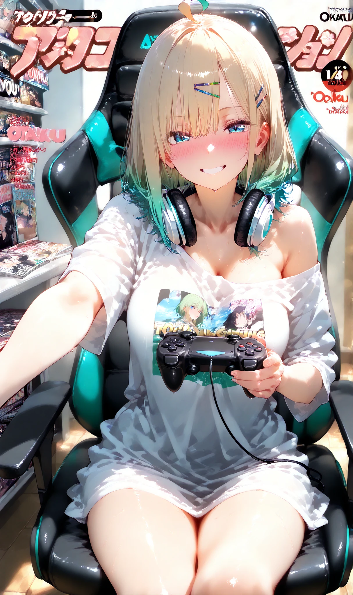 1 girl, alone, high resolution, masterpiece, best quality, detailed CG, detailed face, detailed skin, medium breasts, nice hips, perfect body, layered hair, violet + sky blue eyes, aqua green hair, half bangs, cowlick on top of head, medium hair, long golden hair clip, uneven strands, green gradient hair, bright eyes, flirty, blushing, provocative, smiling, shiny, e-girl, sitting on a chair, gamer chair, posing, console controller, playing video games, gamer headphones on the neck, oversized gamer clothing, hot, sexy, looking at the viewer, dynamic pose, magazine cover, (otaku cover magazine:1.4)