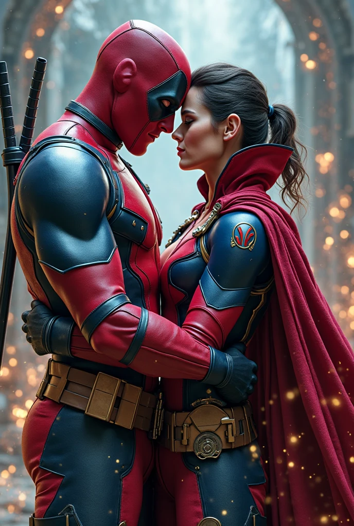 deadpool hug supwerwoman from behind, holding her breast, large breast, masterpiece, best quality:1.2),,(8k,highres,RAW photo,realistic,photo-realistic:1.3),(detailed skin texture,detailed cloth texture,beautiful detailed face:1.25),professional lighting,photon mapping,beautiful soft light,radiosity,physically-based rendering,raytracing, model shoot style, model shoot style, (extremely detailed CG unity 8k wallpaper), full shot body photo of the most beautiful artwork in the world