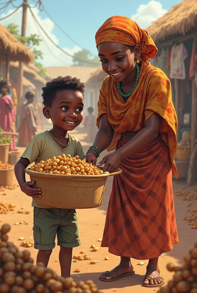 Illustration of hausa mother giving her child food in rural settings
