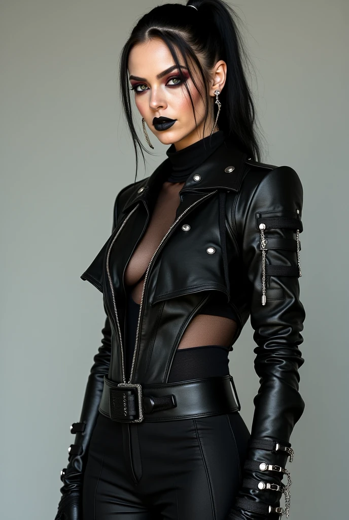 full body gothic rock lady leather pant and leather jacket, leather boots, black long hair, blacsk eye, black lips, piercing in the nose, piercing in the ear, in the rock club, spot ligh, dark bacground