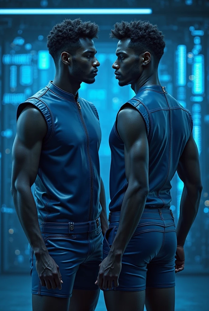 Two realistic handsome naked muscular athletic black men, wearing a revealing transparent black and white uniform and jockstrap, as a future astronaut space captain in a spaceship, dynamic pose, full body image, dynamic pose, seen from a low angle