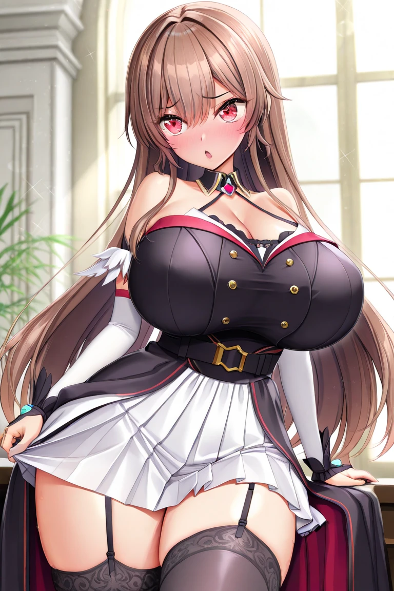 (best quality:1.5, highres, UHD, 4K, detailed lighting, shaders), brown wavy hair, gradient hair, large breasts, large butt, big thighs, mature woman, woman stretch jersey, small skirt, white panties, white skirt, (pov), full body, white background, colorful eyeshadow, dramatic lighting, sparkling eyes, confident expression, golden earrings, flowing hair, delicate facial features, dark skin, high cheekbones, stylish clothing, urban setting, white background