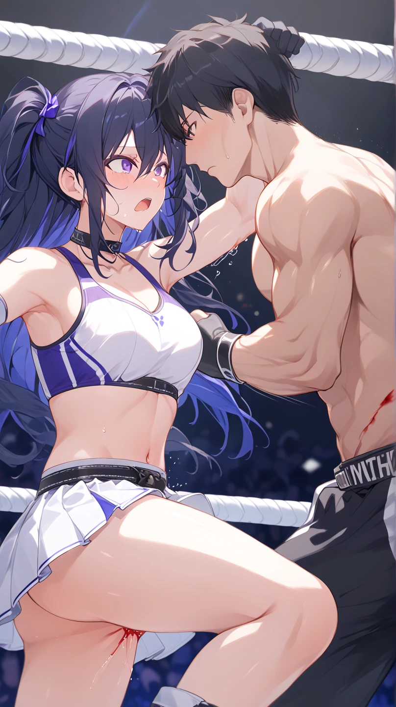 ((masterpiece)),((best quality)),(ultra-detailed),(an extremely delicate and beautiful),detailed backgroud, ((((1woman,tall stature)))and(((1muscular boy,tall stature)))),((((hetero)))),(height difference),(((wrestling ring))), (1woman),((((silver wolf/(Honkai:star rail/)))),(curvy:1.4),(huge breasts), pale skin,shiny skin, long hair,ponytail ,drill hair,hair between eyes, eyewear on head, navel, midriff,((She wears jacket, black jacket, sunglasses, gloves, black gloves, fingerless gloves, shorts,black shorts, shirt, white shirt, choker, crop top, fur trim)),(rolling eyes:1.4),(ahegao),(trembling),clothing aside, suspended congress,face to face,hug,sex,toes,standing, clothed,(cum in pussy:1.4),cum on clothes,cum on breasts,cum in mouth,cum on hair,(excessive cum:1.4), ((((1muscular boy)))),large penis,dark-skinned muscular boy,interracial,