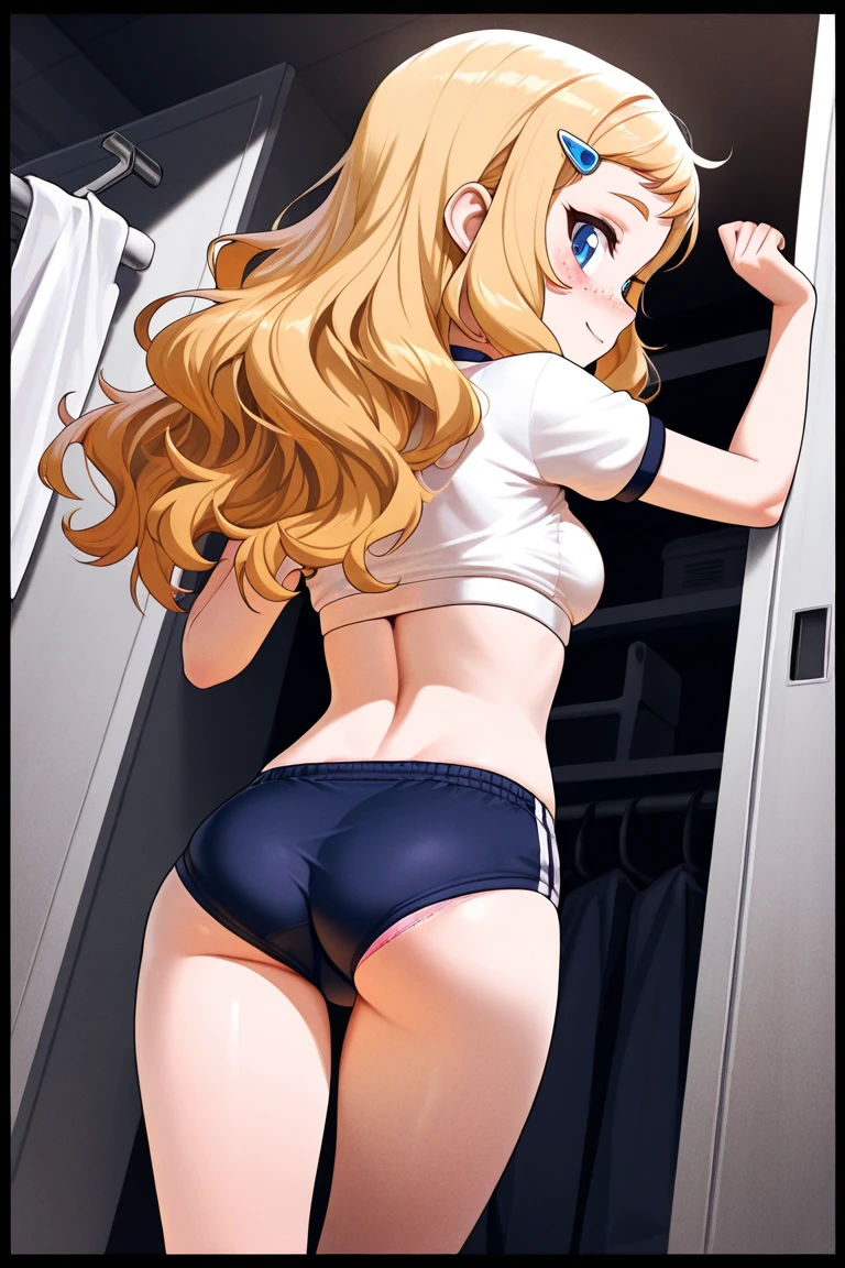 ((large hips)), back view, Highest quality, Super detailed, masterpiece, Ultra-high resolution, 8K, High Contrast, (Sailor uniform, micro mini skirt, light blue striped see-through panties, Sticky panties, cameltoe, beautiful ass), (bare back, crop back), Sideboob, black stockings, (Thighs), (Curvy waist),[1girl, kousaka kirino, ore no imouto ga konna ni kawaii wake ga nai], Shower room, (from above)