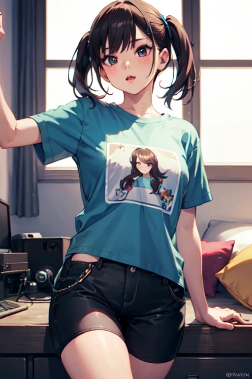 Overlooking,highest quality,Beautiful face in every detail,cute,Dark brown eyes,(背の低いcute女の子,Small young student,Young delicate girl),(masterpiece,Top quality),Black Hair,Sleepy expression,Crop Top Look,Black Shirt,White shorts