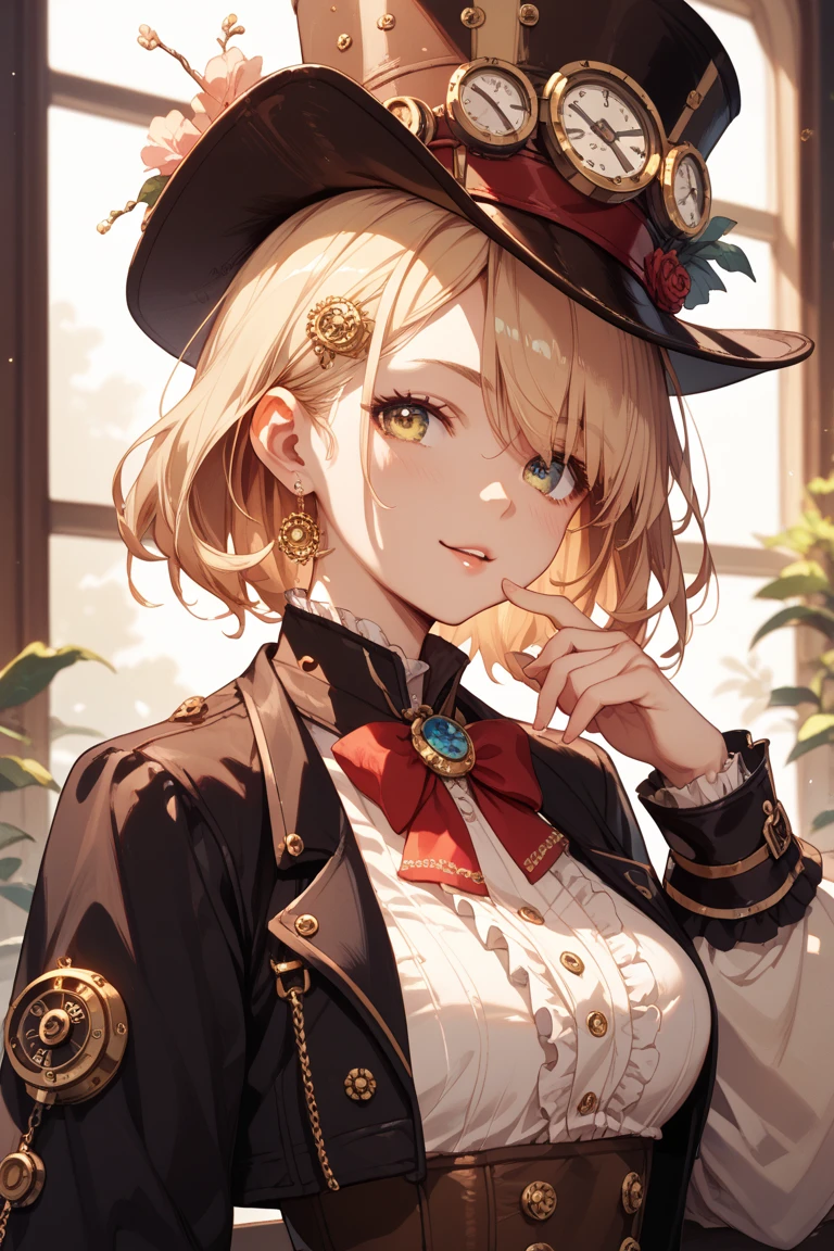 beautiful lady, Alphonse Mucha's style、Top hat、tailcoat, Jacket, tiese, monocle, light reflections, Oil painting, voluminetric lighting,sexy big breasts exposed,Bigchest