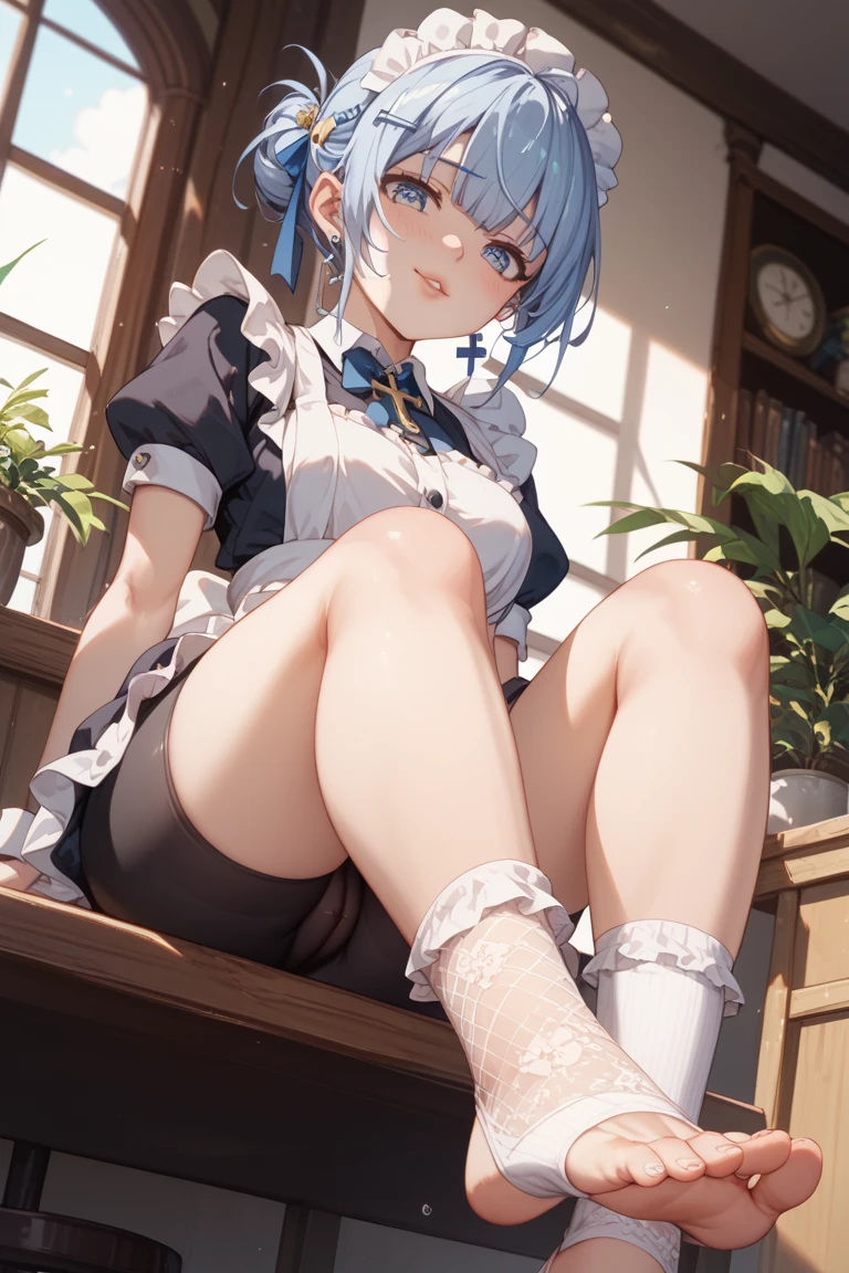 best quality, masterpiece, Flem, 1 girl, blue hair, only, maid, Roswaal mansion maid uniform, looking at the viewer, outdoor, open your mouth, anime coloring book, maid headdress, Upper body, cloud, null, parody, Day, Black belt, separate sleeve, blush, High resolution, of highest quality, illustration, cinematic light, Super detailed, detailed face, (fine eyes), best quality, very detailed, masterpiece, (detailed face), best details, bright eyes, medium brace, Sentado en la bed, sitting, bed, window, 夜null, Waihu, board member, board member llena, Backlight, light, (high contrast), (color),I&#39;m not wearing a bra、I&#39;m not wearing pants、Thin pubic hair is fully visible、Nipples are fully visible、No clothes are worn from the chest down、Completely naked、naked、not wearing any clothes、Stand with your legs straight、I&#39;m not wearing anything on my legs、exposed bare skin、Looking up from directly below, the whole body is included.