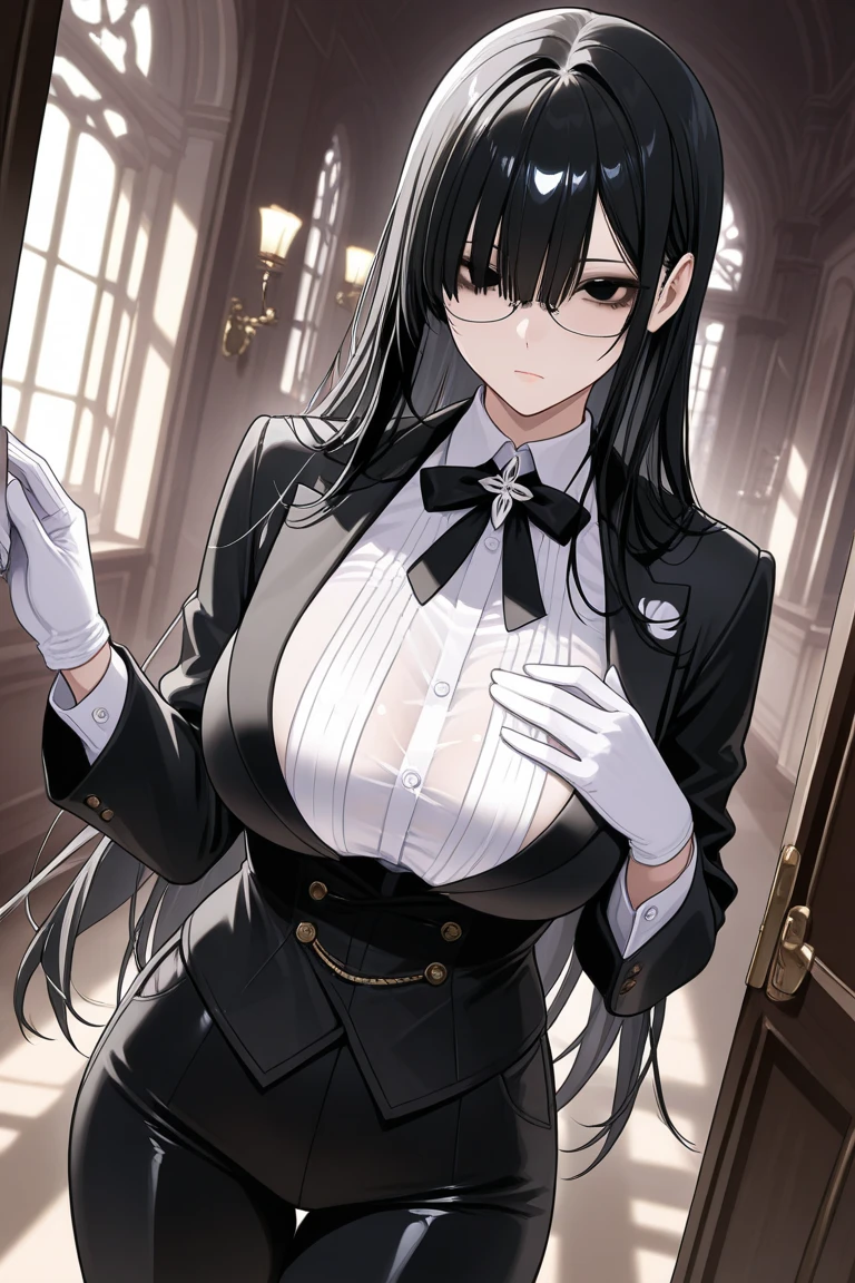 (masterpiece), best quality, expressive eye, perfect face, mature female, medium breasts, cleavage, long hair, (hair over one eye), very long hair, straight hair, black hair BREAK yellow eye BREAK night dress, blue dress BREAK red lipstick BREAK shiny dress, elbow gloves, white gloves BREAK standing, closed mouth, fancy lobby, indoors,(crowd, people), female focus, looking_at_viewer, bare shoulders, sleeveless dress, indoors, ((fancy hotel, lobby)) , smile, grin, looking at viewer