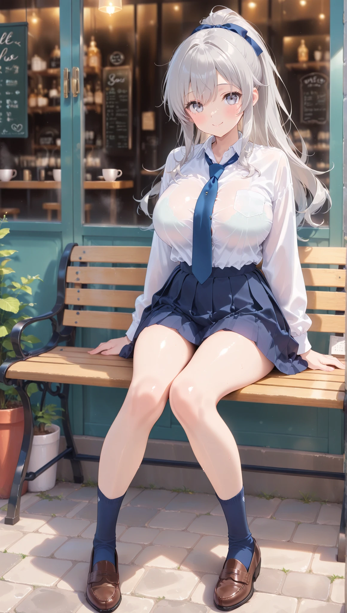 very cute and beautiful girl,(Very detailed美しい顔), (smile),blush,Black Hair,Seraphim,(White Hair、long hair),(White Shirt、Pleated navy blue pread your legs、Squat)、Sitting、(From below)、(Lace panties), Country road, (Highest quality,masterpiece:1.0),Absurd,High resolution,Super detailed,Very detailed,32K,8k resolution, Intricate details,Movie Scenes,Detailed Background,alone,Dynamic Angle,