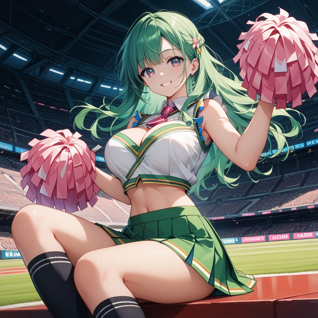 highest quality,wonderful,masterpiece,delicate,ultra high resolution,Super detailed,intricate details,beautiful,8K resolution,(Highly detailed CG Unity 8k wallpaper),sharp focus、1 female、green hair、short hair、vivid hair、、Shaggy hair、Cat ear、big breasts、underboob、Glossy skin、、short、kawaii、beautiful目、black skin、dark skin、choco skin、full body framing、cheerleader、outside、white lace、mini skirt、arena