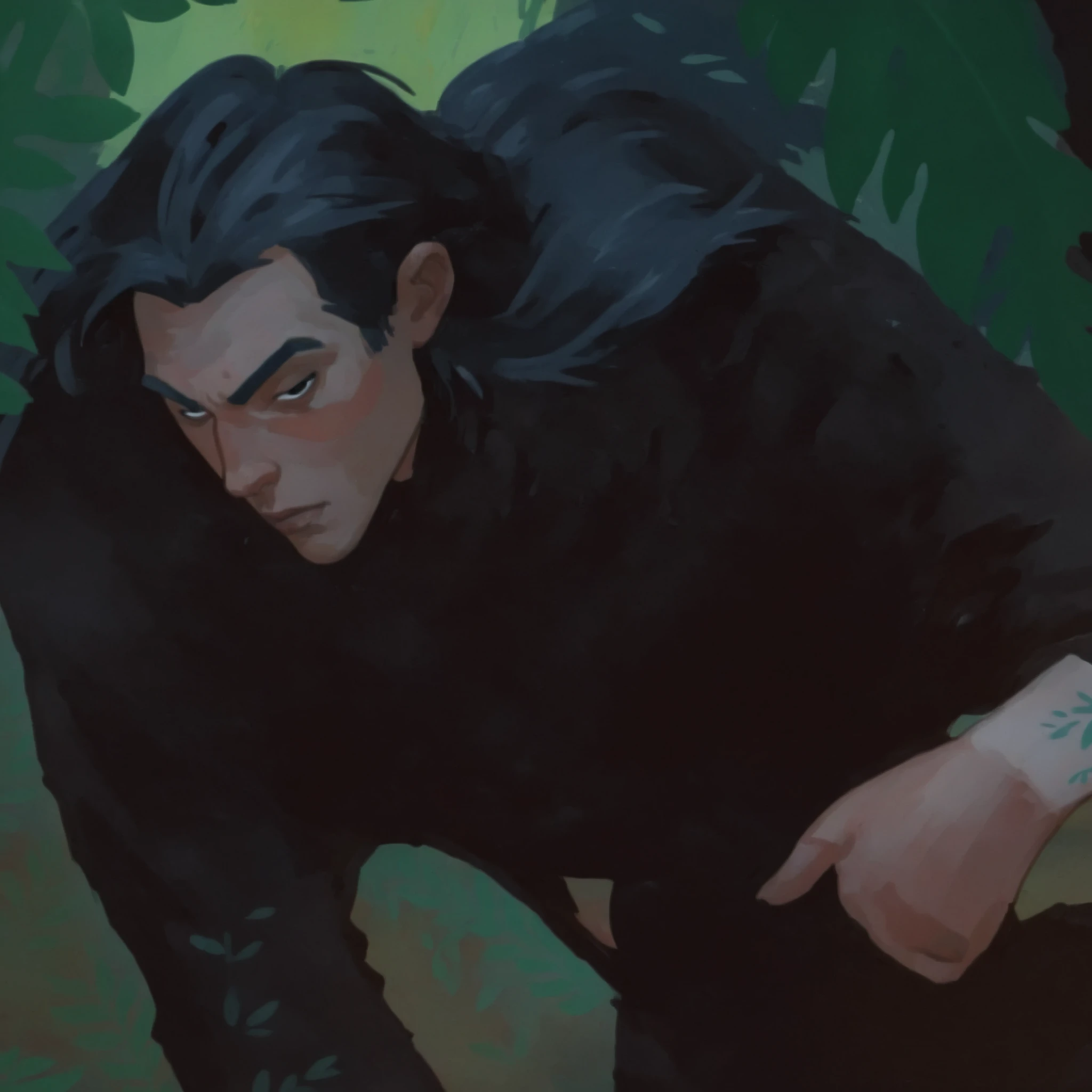 1boy, 2d art, flat colors, detailed male faces, simple black eyes, gouache texture, half body portrait, gouache painting, vibrant colors, chiseled features, thick gouache render, novuschroma57 style cartoon, in gougoupaintleaves, FRESHIDEAS Illustration No. 12, Illustration No. 8