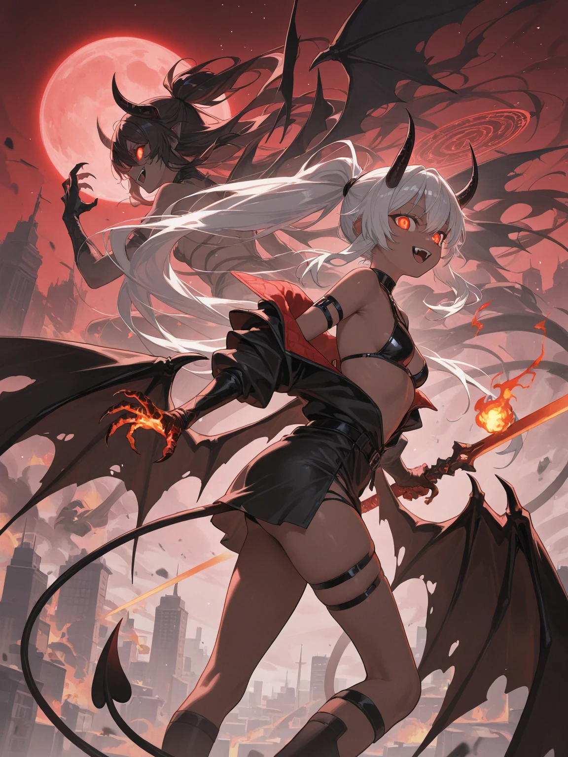 (masterpiece), best quality, expressive eyes, perfect face,(1girl),(demon wings, demon tail),((silver hair)),(glowing yellow pupils),(huge breasts:1.2),cleavage,tattoos,(succubus:1.5),(dark red and black clothes:1.5),anklets,crystal pendant,pointy ears,armlets,bracelets,evil smile,standing,head tilt,dynamic angle,sexy pose,(red moon scenary),(red night:1.1),(red sky 1:1),magic circles,red magic orbs
