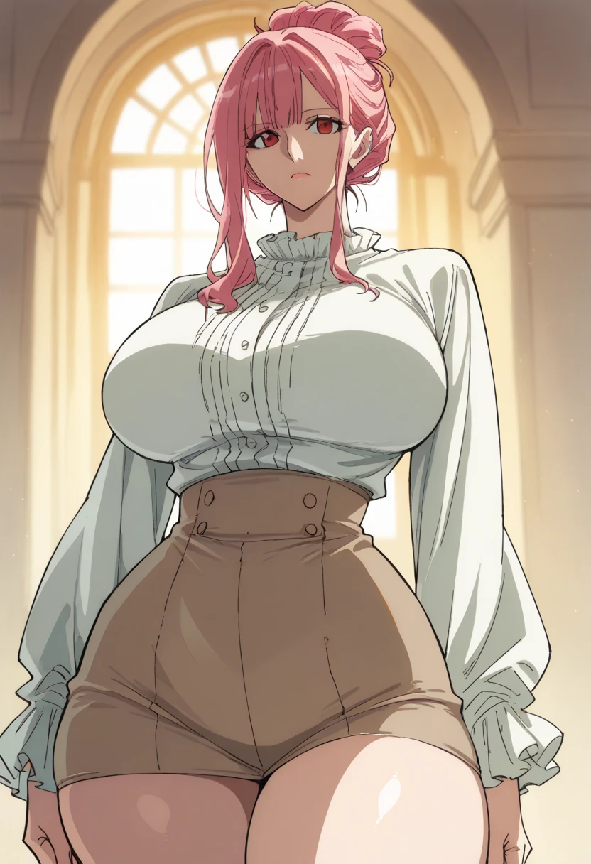 A tall woman with a big breast, long light gray hair, her blooming pink eye, wears a loose white blouse, under a black bra, shows a breast, a sexy curve, a wide leg, a sexy thigh, and black pants, tights, a waist, and a golden crown, a princess.