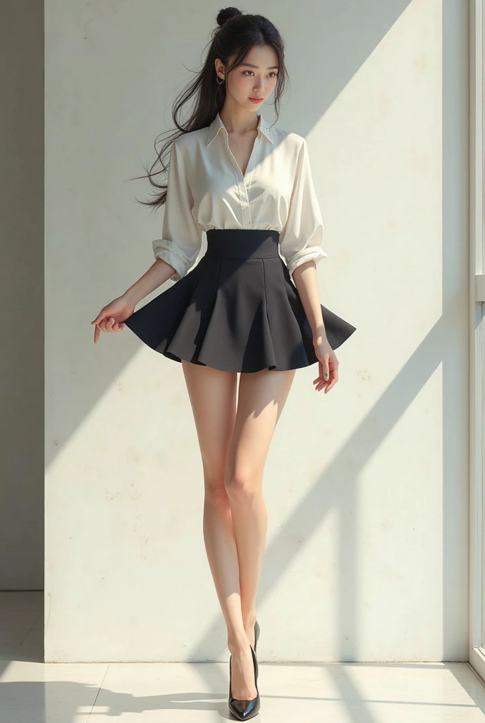 A perfect young female white-collar worker，Chinese big breasts，High picture quality，Works of masters，Black hair，Long hair shawl，Long hair flowing over the shoulders，cropped shoulders，鎖骨，exquisite face，Hydrated red lips，Purple shirt，Blue tight skirt(show legs)，Real Persono，Flower sea background，CG rendering，16k，Sit Pose，gazebo，with hands behind her back