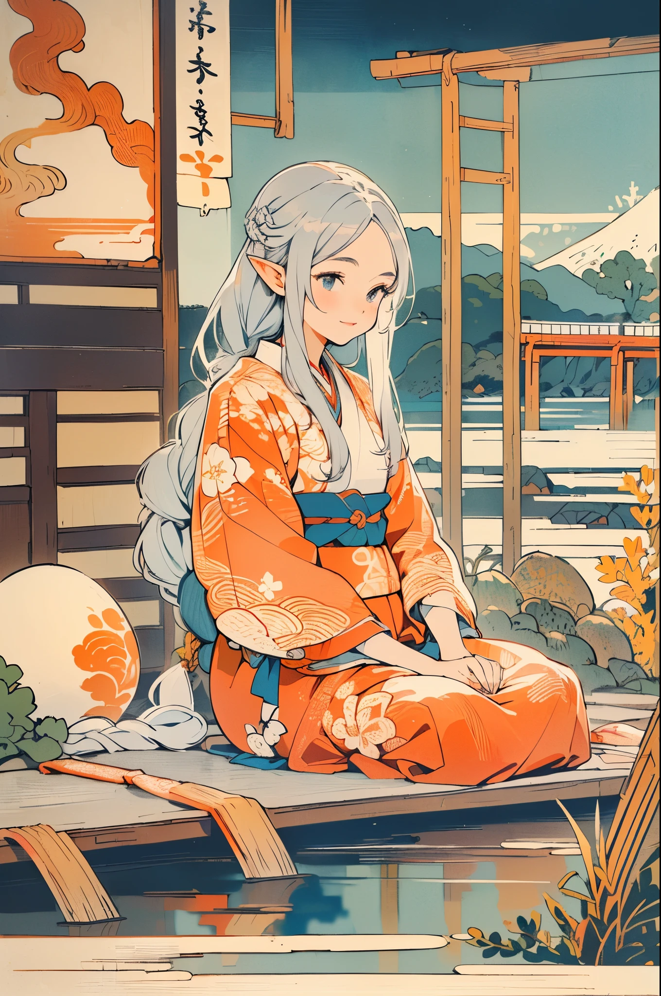 (Highest Quality、 8k 、masterpiece、high image quality)、bright color、beautiful woman with traditional hairstyle 、(((highly detailed face and eyes,beautiful face,Beautiful Eyes Above My Belly,Beautiful Nose,pretty lips)))、Official Art、 (((ukiyo-e style))) 、 (girl wearing bright red old cloth、traditional kimono with delicate texture like kimono fabric、elegant and precise fabric with a big moon、wide sleeve、She is standing gracefully、rich color palette、Beautiful traditional pattern、after being played in high image quality、Soft light、wrinkles on clothes)、background、river、bridge、Mountain、wood、starry sky、moon、torii、 CG Details 、(((small face、small breasts、slim figure with braided blonde hair、long legs)))、Suspicious Smile 、((( Silver Hair、long hair、inner color、flower hair ornament)))、(((straight hair)))、(((elf ears)))、((Seiza posture、 traditional way to sit ))、 ((sitting on the floor、Seiza posture、 traditional way to sit 、 legs are visible from the hem of the kimono))、gentle smile、hitting the water、composition seen from the front、