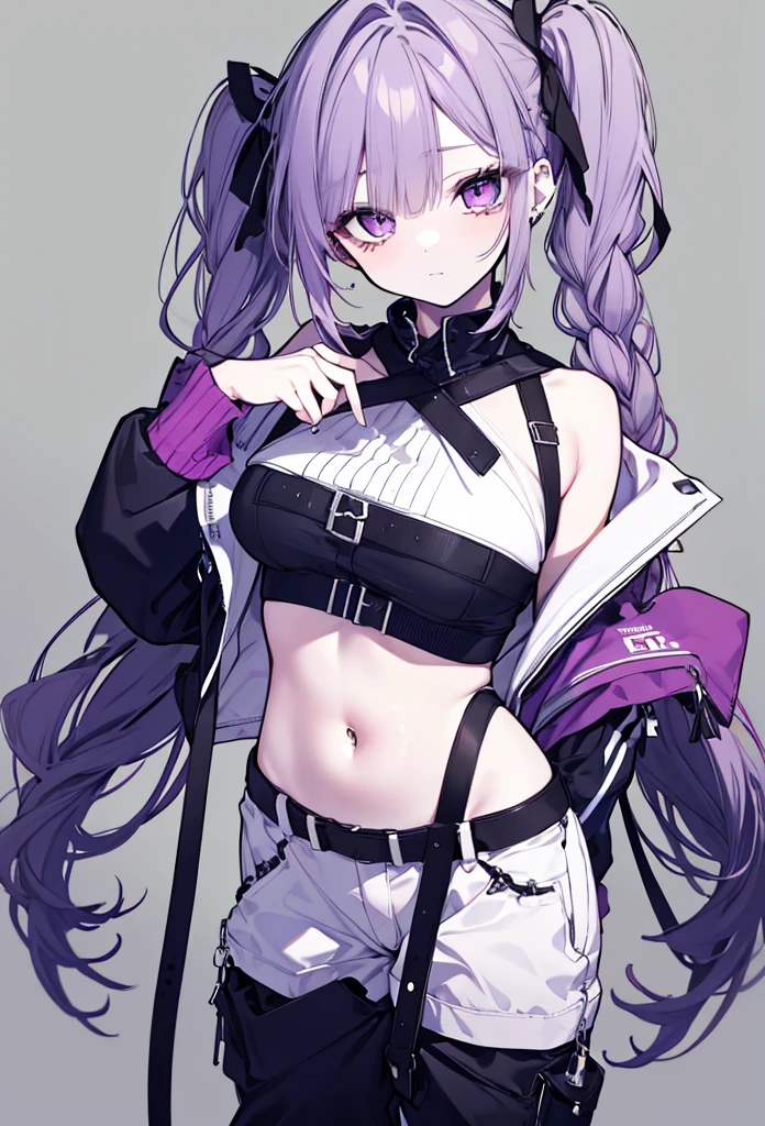 1girl in, Pink twin-tailed hair, blue eyess, a navel, Look at viewers, put hands on the hip, Black jacket, Dolphin Shorts, Rat trail section, (white shirt:1.2), Very long hair, Wide waist,Tank Tops、
Big\(BodyProportions\),