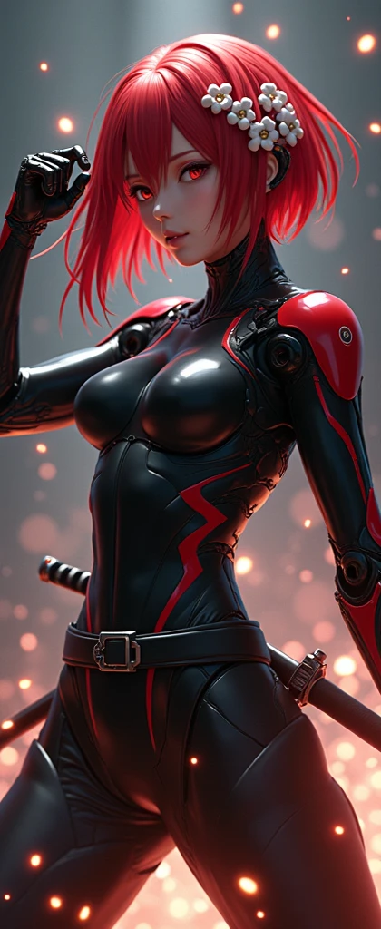 ((Best quality)), ((masterpiece)), (detailed:1.4), 3D, an image of a beautiful cyberpunk female,HDR (High Dynamic Range),Ray Tracing,NVIDIA RTX,Super-Resolution,Unreal 5,Subsurface scattering,PBR Texturing,Post-processing,Anisotropic Filtering,Depth-of-field,Maximum clarity and sharpness,Multi-layered textures,A 1 girl and Specular maps,Surface shading,Accurate simulation of light-material interaction,Perfect proportions,Octane Render,Two-tone lighting,Wide aperture,Low ISO,red balance,Rule of thirds,8K RAW, big tits(cleavage tits), red hair, black dark and red armor, glasses, red eyes, short hair, red and black color of weapon gun, serious look, black back cape