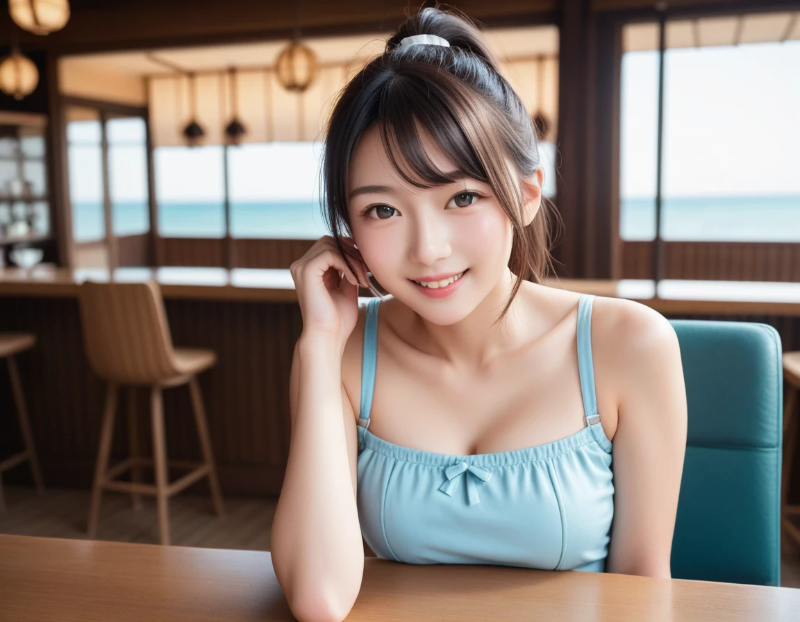 A bikini girl waitress in a diner, light blue hat, golden long hair, light blue wrist cuffs, detached collar, light blue bowtie, necklace, light blue bikini:1.7, holding plate with food, 8k, insane quality, high detail, colossal tits:1.2, smiling