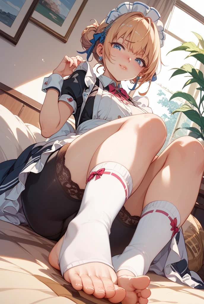 (masterpiece, best quality) detailed, Wearing black tights, silver accessories , zipper unzipped , blonde ,elegant, pointed ears ,Chinese element pattern,thigh,漏出thigh,white shirt,torn clothes