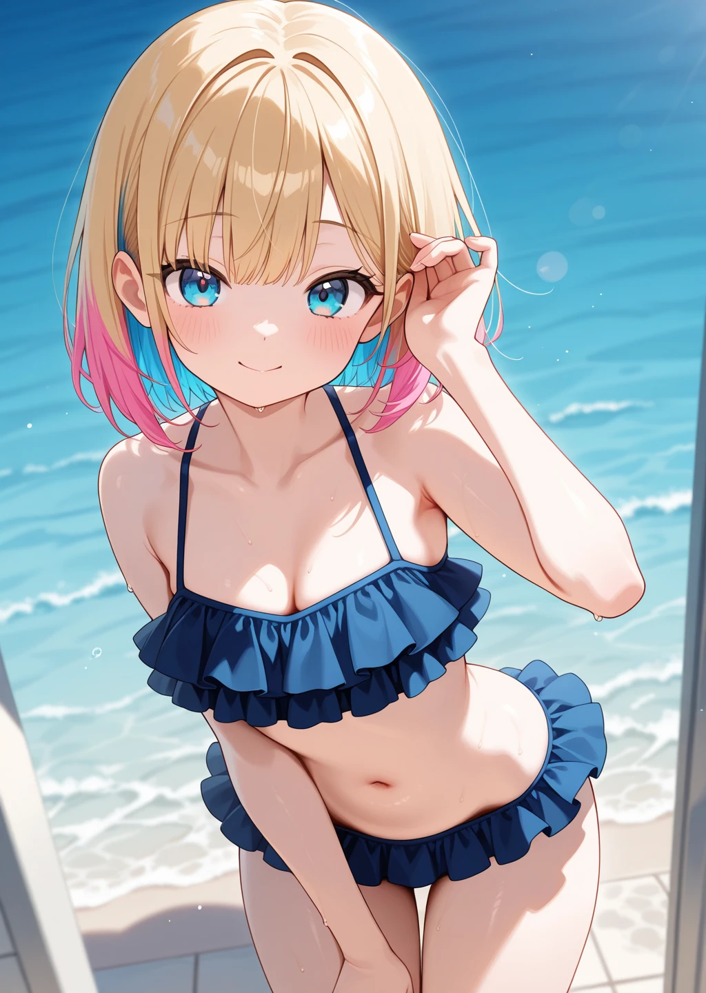 Beautiful hands，Walnut Noa，Kurumi Noah,(cool)、Beautiful modeling，VSPO，Ocean，Short-haired girl，((Face is close))，Upper Body，(Short sleeve)，(smile)，Blonde，cute((Pink and white striped swimsuit))，((bikini))，Playing in the water