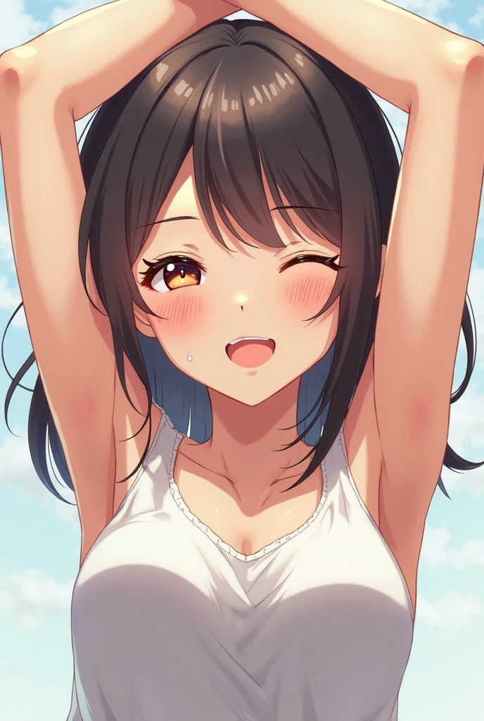 sex friend, (blowjob pose、Close one eye, tilt your head up, open your mouth and stick out your long tongue)、beautiful Japanese Plump high school girl、(Wearing a small, thin, plain tank top)、(Big Breasts、Rocket-shaped、The areola is long and pointed)、ponytail、Detailed depiction of a long tongue、Detailed depiction of fingers gripping、(Excited and happy expression、Close-up of face)、(The lower body is only panties)