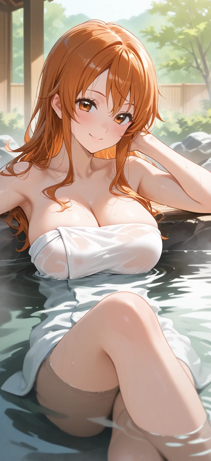 Makima , bath , hot relaxing bath , relaxing pose , torse showing , untied hair , long hair , smile , bath