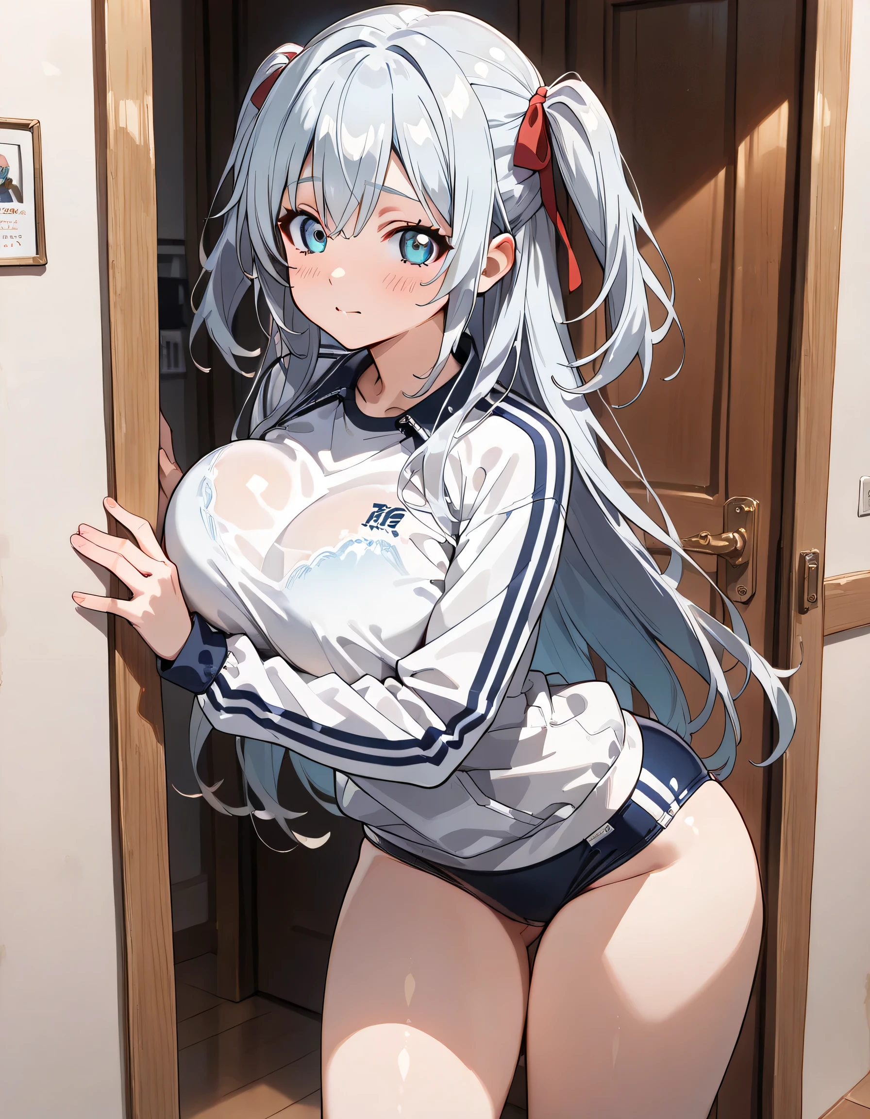 ((ultra-detailed)), (highly detailed CG illustration), (best quality:1.2), ultra-highly detailed, colorful composition, artistic photoshoot, 1girl, solo focus, thigh to top, cowboy shot, moe anime character, girl, dainty facial structure, baby face, round face, rounded chin:1.2, ideal ratio body proportions, celia-default, celia claire, blue eyes, sparkle eyes, sagging eyes, long silver hair, two side up, hair ribbon with red, ample breasts, white long sleeve clotch with pink ribbon:1.3, pink classical bloomer, surprised:1.6, blush:1.3, sweat:1.3, standing on the school Athletic Festival:1.3, natural hand movement, from behind:1.3, turn around:1.3, dynamic pose:1.3, contrapposto pose, best quality, expecting, pink cheek, blush, light pink gloss slip, portrait, depth of field, soft lighting, backlight, shine, lighting, caustics, ray tracing, perfect face, lustrous skin, highly detailed face, highly detailed eyes, perfect face, perfect nose, perfect hair, perfect eyes, perfect anatomy, beautiful hair, beautiful small face, extremely detailed face, beautiful detailed eyes, beautiful clavicle, beautiful body, beautiful huge breasts, leavage, breasts squeezed together, equalize the size of the left and right breasts, beautiful thin thighs, beautiful legs, beautiful fingers, 4 fingers, 1 thumb, lovely, (very detailed background:1.0), (highly detailed background:1.0), summer aesthetic, intricate details, shy atmosphere, summer colors palette, chromatic aberration