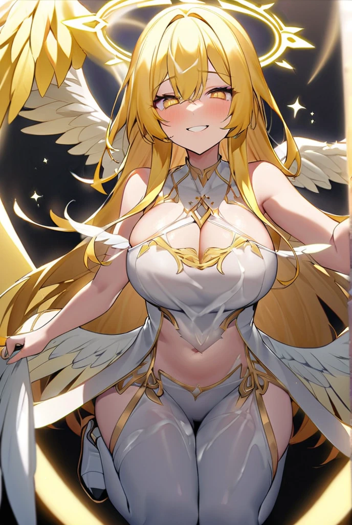 Priestessess,Valkyrie,Angel Wings,belly on,Side bust,Complex,Particles of light,Plump thighs,Shiny skin, Perfect lighting, One girl,  View your viewers,Winged hat,Pelvic Curtain, smile,(masterpiece), (Highest quality), Very large breaternal, Porcelain-like skin, Honey Blonde Hair, Very long hair, Wavy Hair　Vulgar tattoos　Whore Pose　Lewd face　Oyour legs and show off your pussy