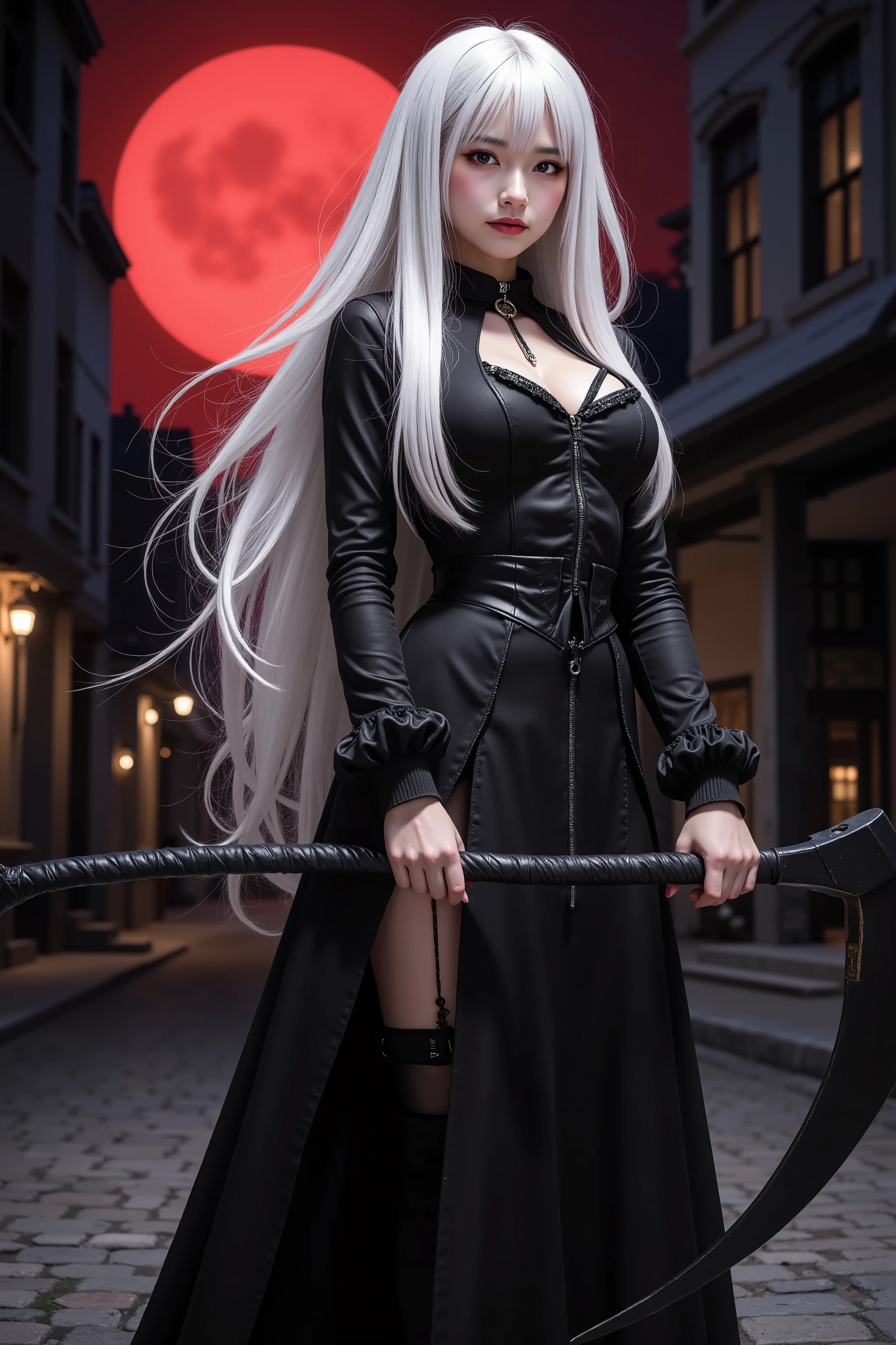 uma jovem no estilo noturno, (jennifer connely), com (Longas, preto) cabelos e (pale, justo) pele. Ela tem (sedutor, Hipnotizante) (vermelho) olhos e (Sharp, Visible) presas de vampiro. she is wearing a (Ajuste de forma, Apertado) vestido espartilho em (vermelho e preto) Cores. A cena se passa em um (assustador, estranho) graveyard (at night) sob um (cheio) lua.